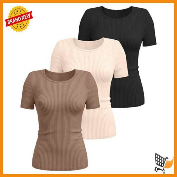 3 Pack Women's Ribbed Cotton Tees Slim Fit Short Sleeve Crewneck Tops - Picture 3 of 8